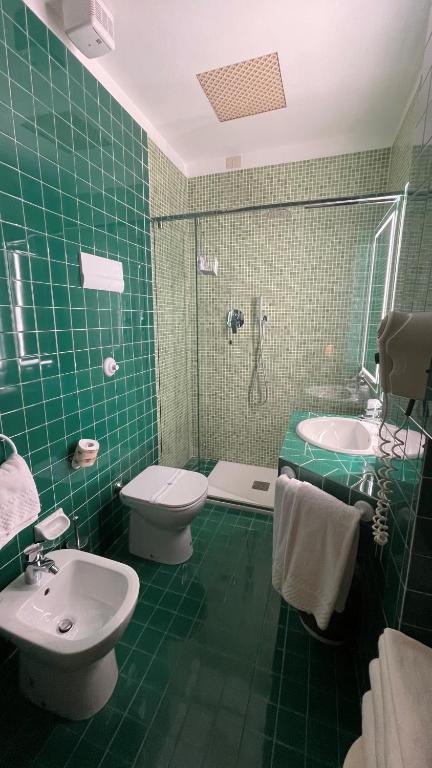 a green tiled bathroom with a toilet and a sink at Hotel Roma in Bologna