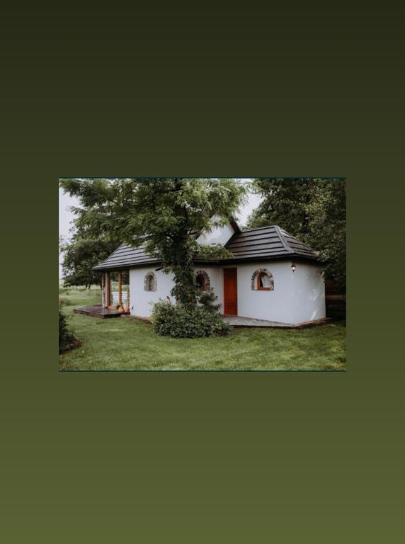 a small white house with a tree in the yard at Domek nad stawem RODOS in Raków