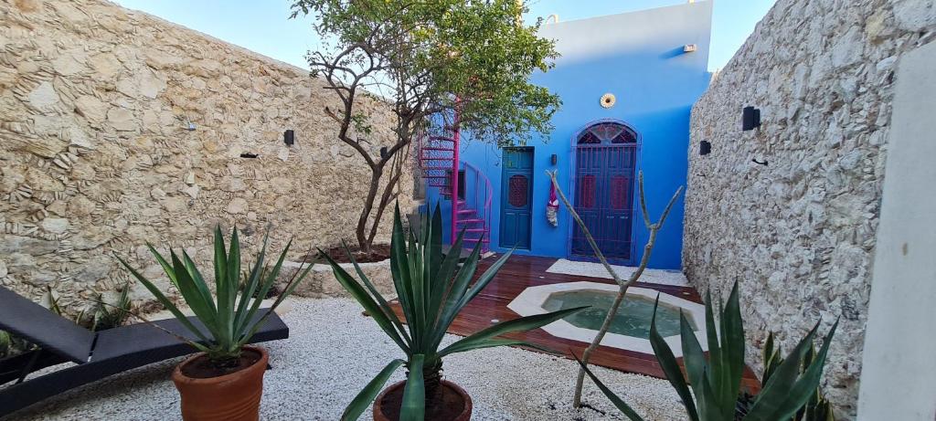 une maison avec une porte bleue et quelques plantes dans l'établissement Casa Nicté, hospédate en una casa del siglo XVIII, à Campeche