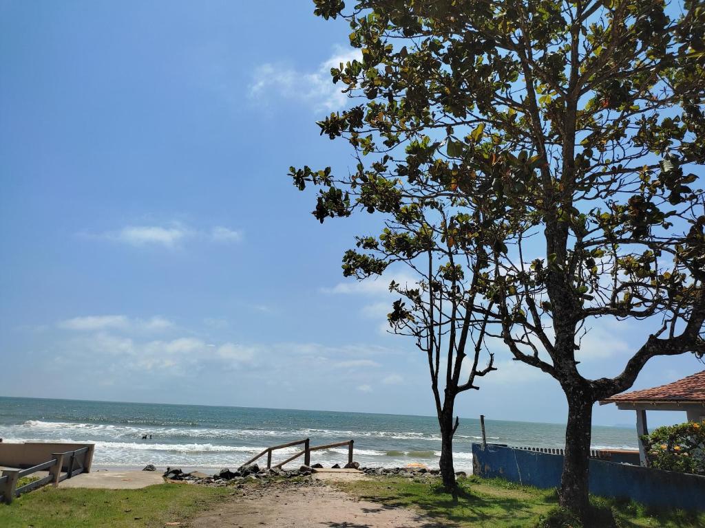 イタポアにあるCasa Brisa do Mar Itapoá conforto à uma quadra da praiaの海と木の2本の海