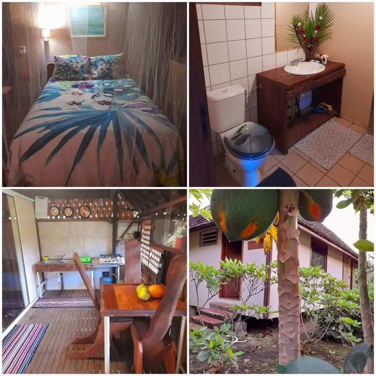 un collage di quattro immagini di una camera da letto e di un letto di TAHAUKU VALLEY 1 a Atuona