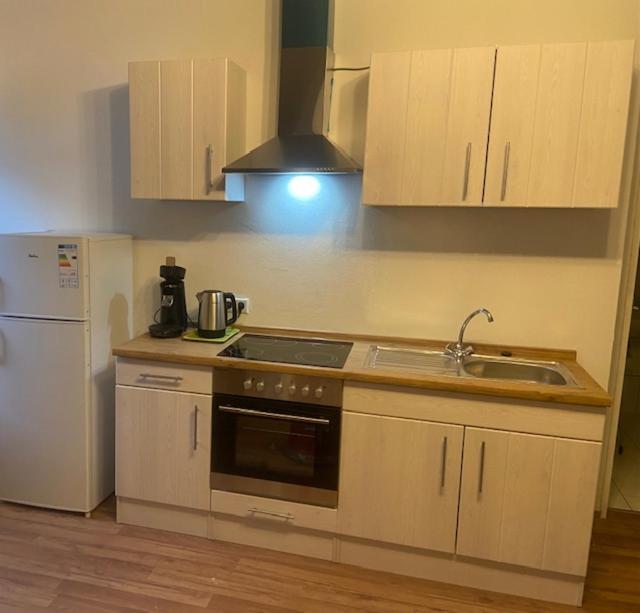 y cocina con fogones, fregadero y nevera. en Apartment Lingen, en Lingen