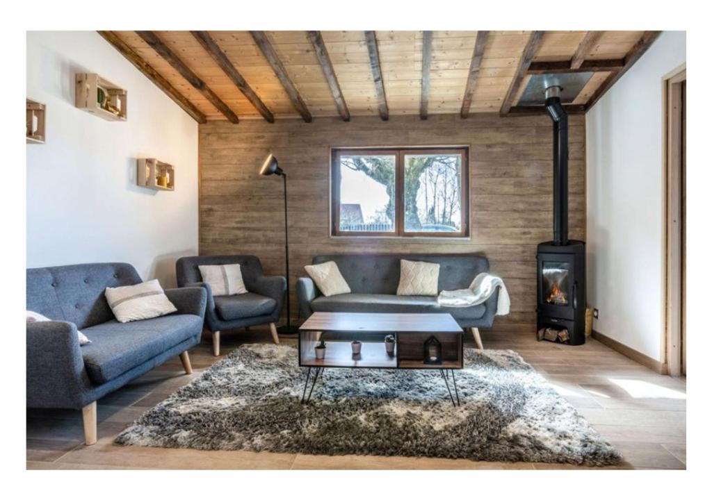 a living room with a couch and a stove at Le chalet du Leman - Vue lac - Yvoire in Yvoire
