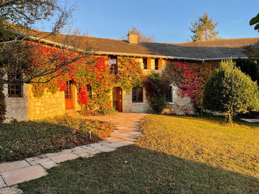 Una casa amarilla con hojas de otoño. en Le Cottage d'Eleanor gîte de charme avec spa Jacuzzi privé, en Marçay