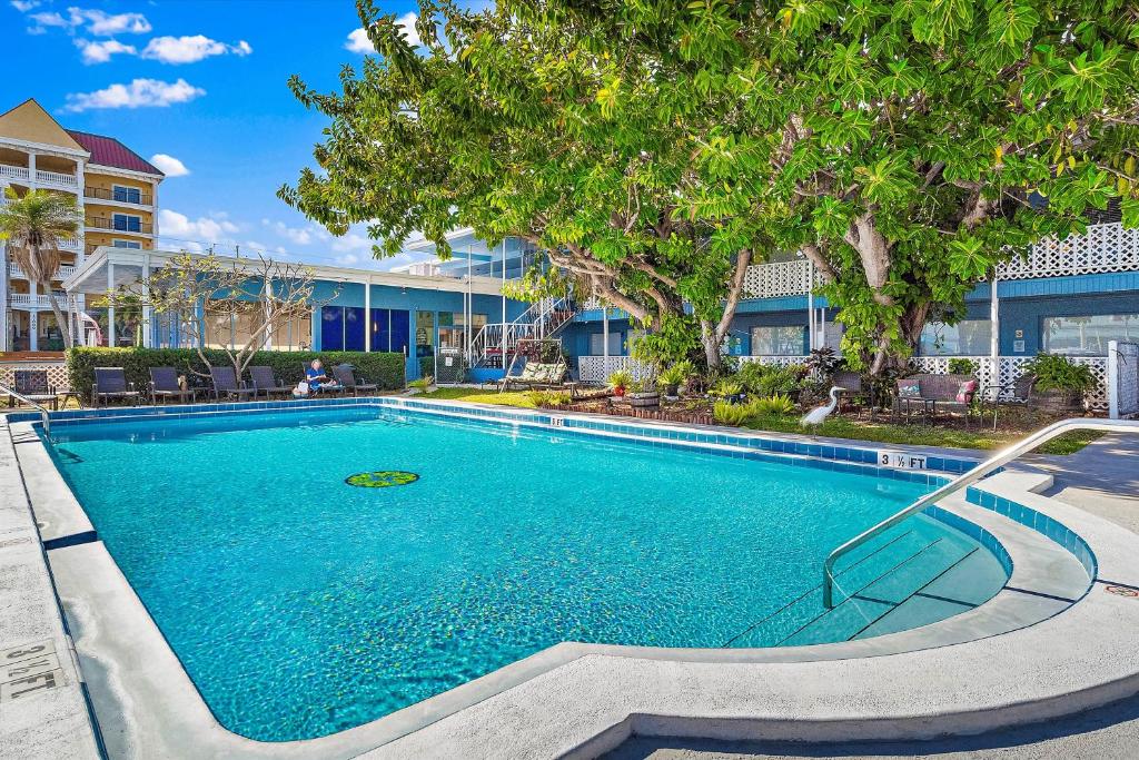 una piscina frente a un edificio en Malibu Resort Motel en St Pete Beach