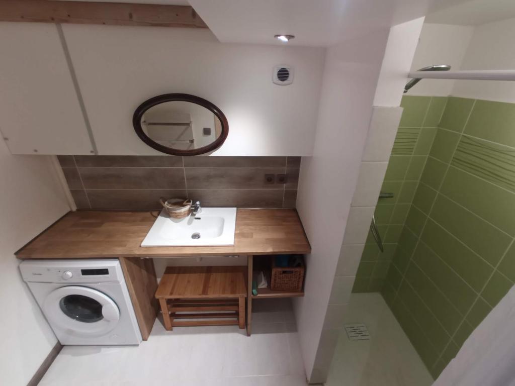 a bathroom with a sink and a washing machine at La Chaine du Mont-blanc in Chamonix-Mont-Blanc
