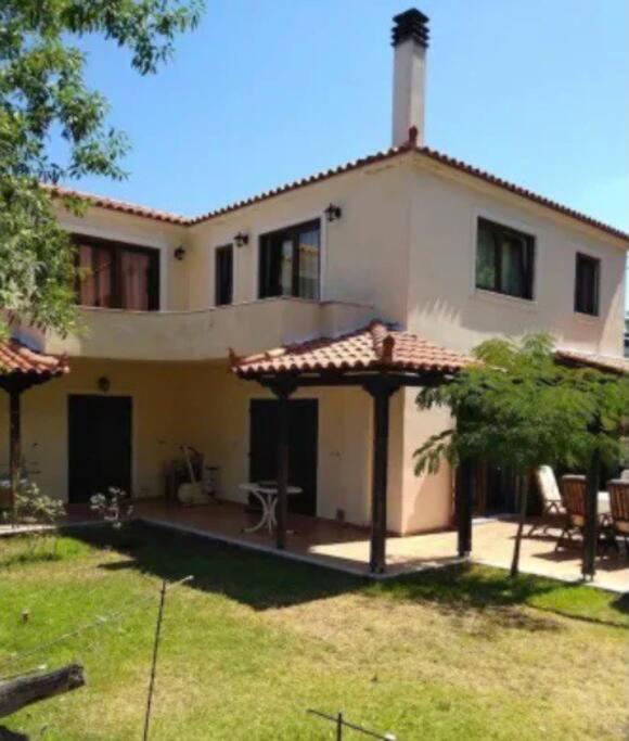 a large white house with a patio in a yard at Gerania Villa in Písia