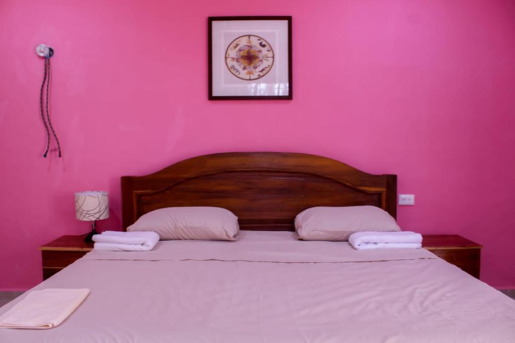 1 dormitorio con 1 cama con pared de color rosa en Eco-hotel shalom, en Valladolid