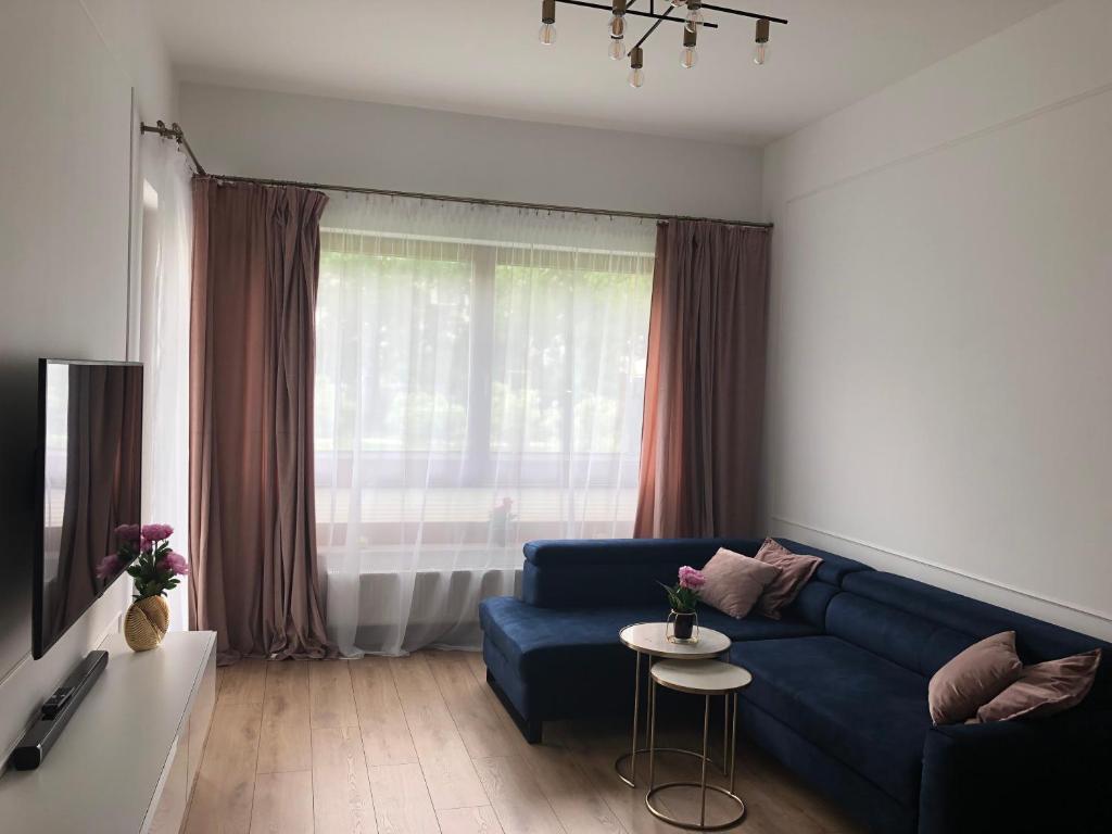 uma sala de estar com um sofá azul e uma janela em Mlociny Apartment em Varsóvia