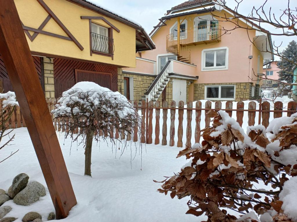 a house with a fence covered in snow at Apartman Elegant in Bešeňová