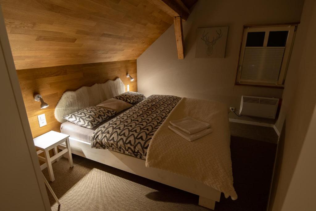 a bedroom with a large bed in a room at Jupi Hüsli in Göschenen