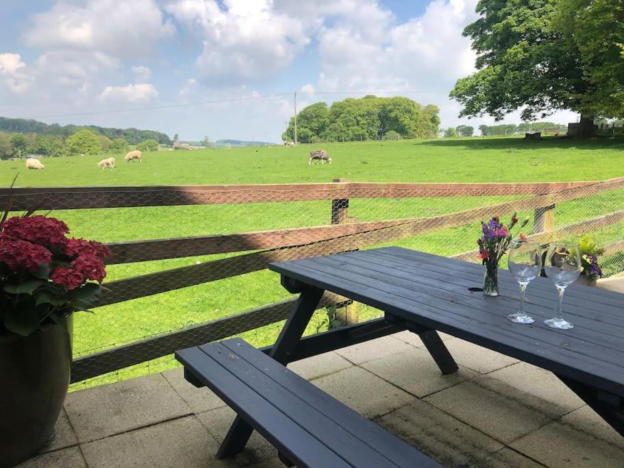 a picnic table with wine glasses and a field of cows at New Station Cottage, country views, great location in Sledmere