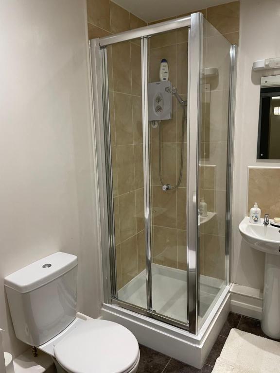 a bathroom with a shower and a toilet and a sink at Luxurious two-bedroom apartment in the centre of Peterborough in Peterborough
