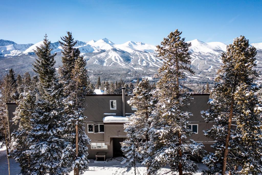 un edificio con árboles nevados y montañas al fondo en Gold Point Resort Breckenridge by Vacatia en Breckenridge