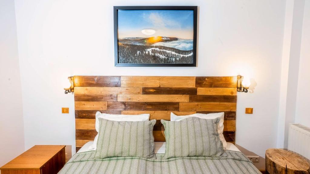 a bedroom with a bed with a wooden headboard at Vila Stefana Paltinis in Păltiniş