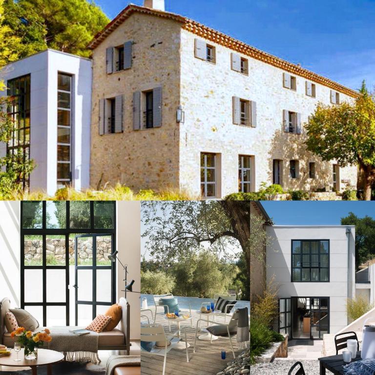 un collage de photos d'un bâtiment dans l'établissement Domaine de Bramafam, à Plascassier