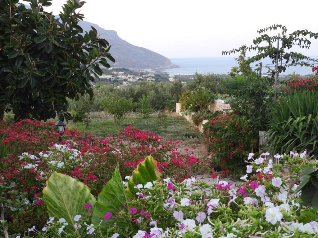 a garden with flowers and the ocean in the background at Chrissi's house with garden and sea view in Kissamos