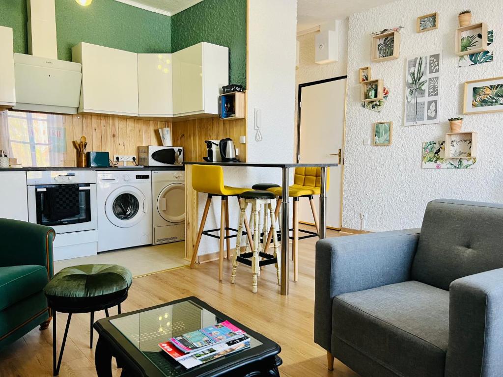 uma sala de estar com um sofá e uma mesa em Ravissant T2 proche centre-ville et Jard em Châlons-en-Champagne