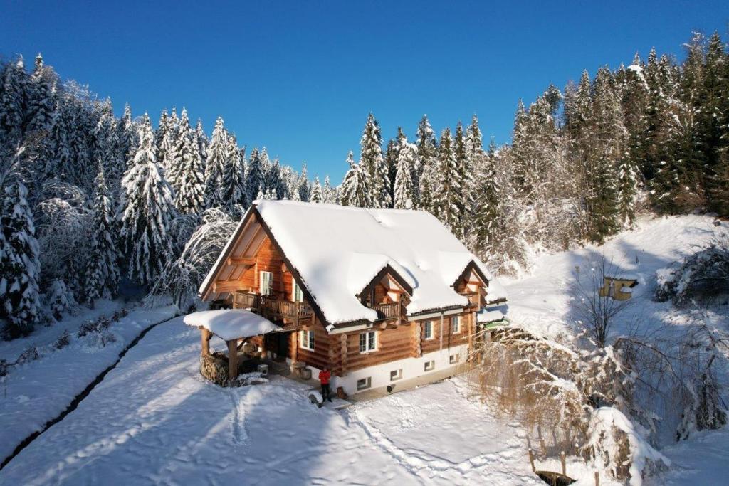 una baita di tronchi nella neve con alberi innevati di Chalet le Dorf a Nötsch