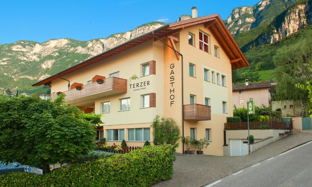 un hôtel avec une montagne en arrière-plan dans l'établissement Gasthof Hotel Terzer, à Cortaccia sulla Strada del Vino