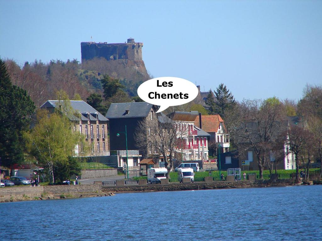 une ville à côté d'une rivière avec un château en arrière-plan dans l'établissement GÎTE GUERY, à Chambon-sur-Lac