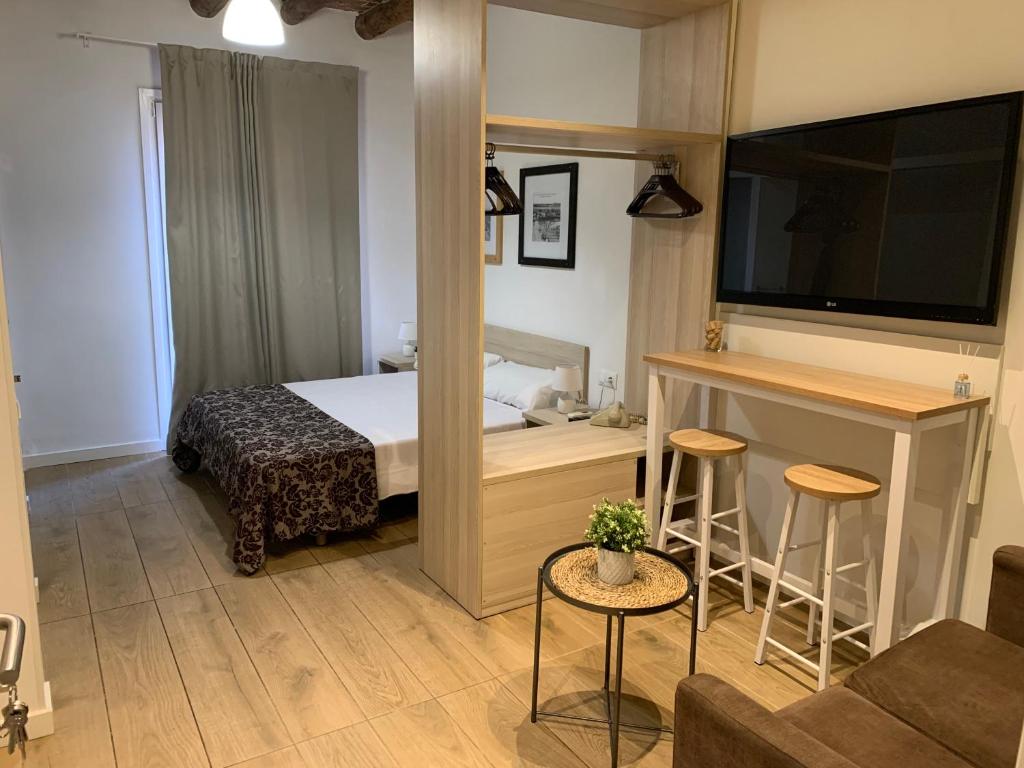 a hotel room with a bed and a tv and a couch at Estudio Port Serrallo in Tarragona