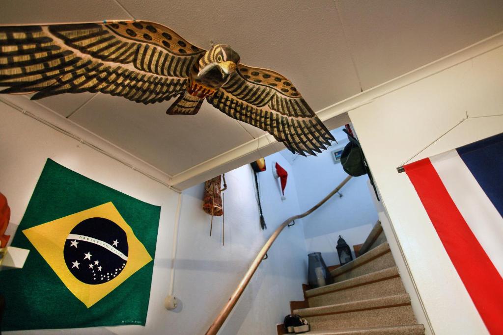 穆塔拉的住宿－The Cozy Little House，悬挂着旗帜的房间天花板上的鹰