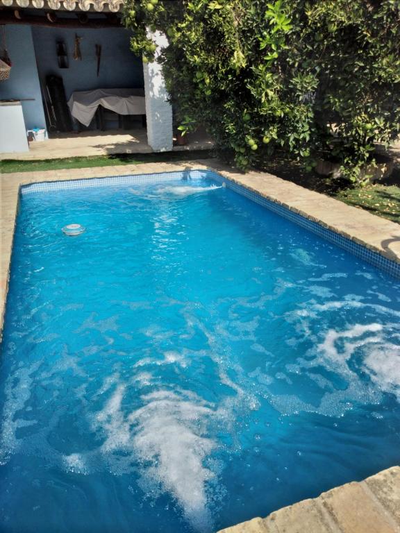 una piscina de agua azul en un patio en Ferienhaus Casa Ela Pedro - Hinojos 4 Zi - 8 Betten, Kinder Willkommen, en Hinojos