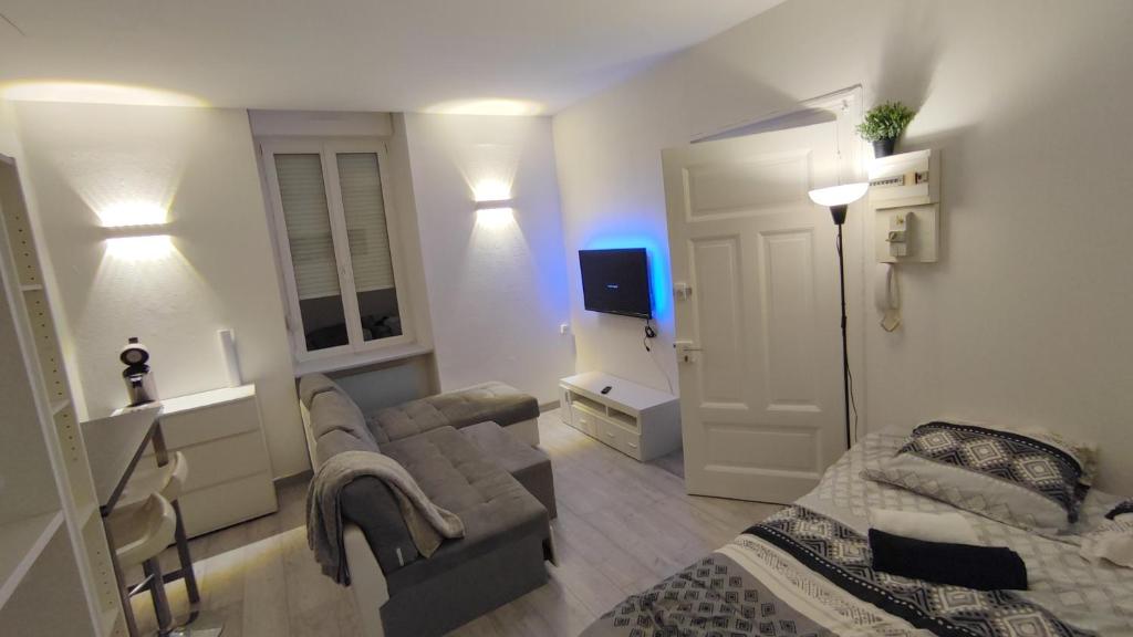 una pequeña sala de estar con sofá y TV en Le Cosy Studio Logement entier [Parking Gratuit], en Algrange
