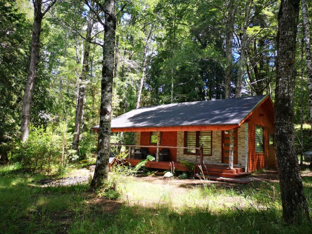 a cabin in the woods with a black roof at Lodge Rio Encantado, Pucon in Pucón