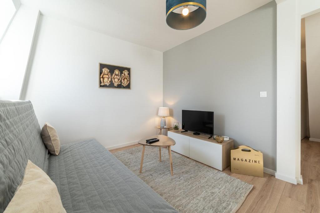 ein Wohnzimmer mit einem Bett und einem TV in der Unterkunft ✮✮✮ Les Suites GOLD et AMAZONIE ✮✮✮ in Mulhouse