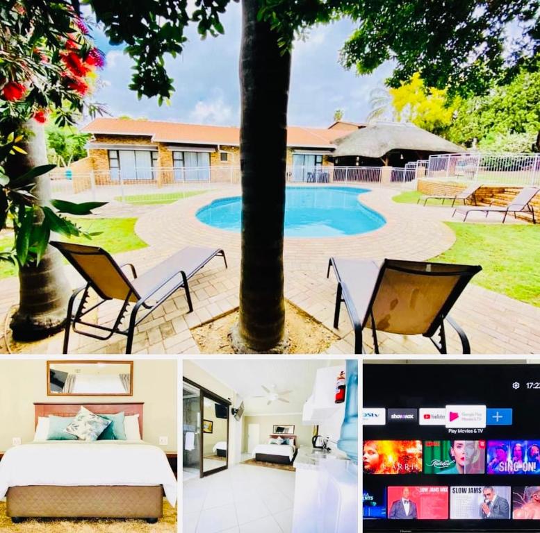 un collage de fotos de una casa con cama y piscina en C&C HOTEL VIBES Randpark Ridge JHB 14 Units Available, en Boskruin