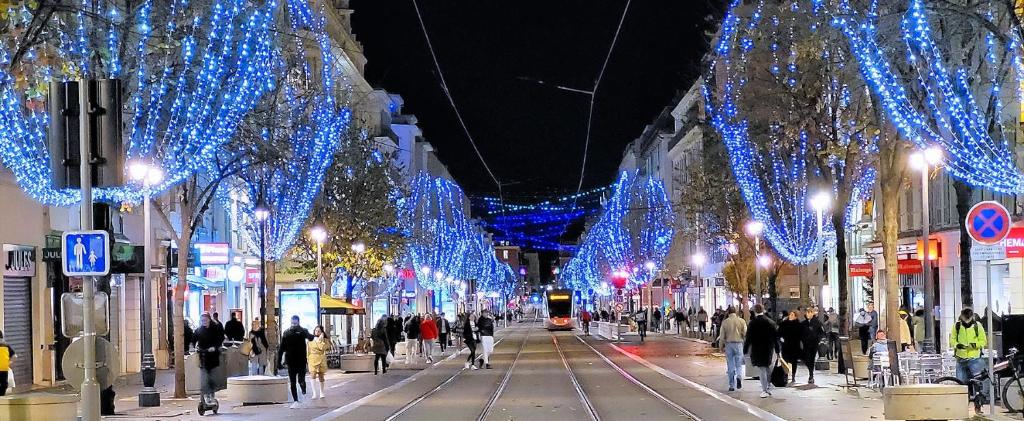 Une rue aux lumières de Noël et aux gens qui la descendent dans l'établissement Olma, à Nice