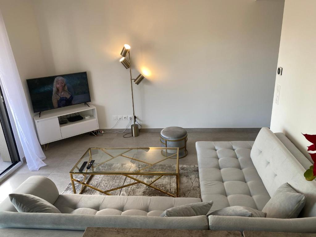 un salon avec un canapé et une table dans l'établissement Wonderful apartment near Monaco and the beach, à Roquebrune-Cap-Martin