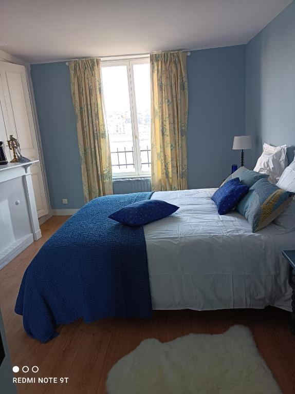 a bedroom with a bed with blue walls and a window at La petite maison du Quai in Blois