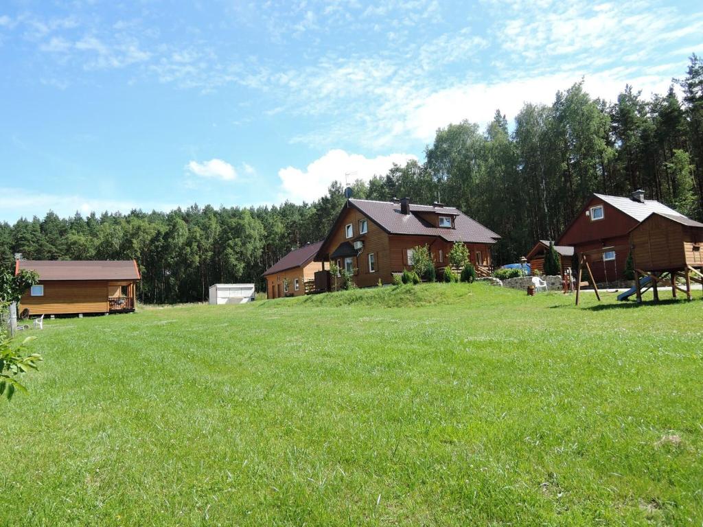 a large grass field with houses in the background at Holiday resort, Wiselka in Wisełka