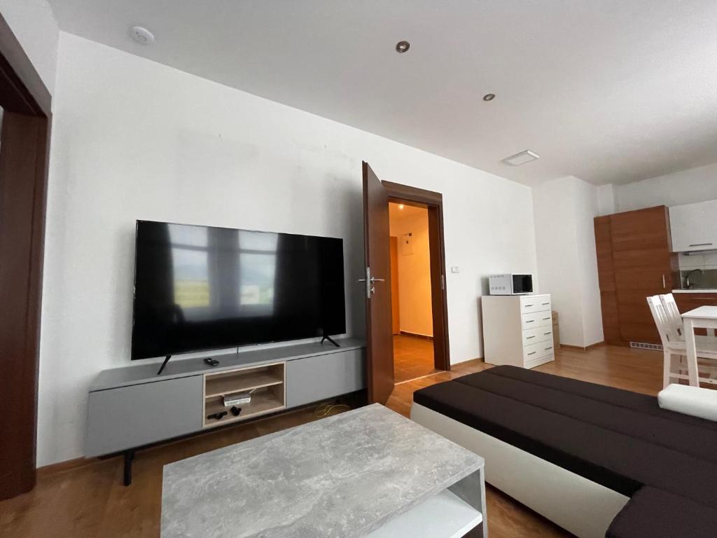 a living room with a flat screen tv on a wall at 2 room Apartment - Apartmány Chopok in Liptovský Mikuláš