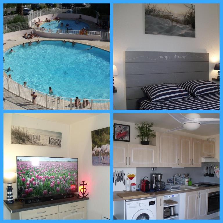 un collage de quatre photos d'une piscine dans l'établissement Appartement T2, 7 JOURS MINIMUM, Climatisé, 3 étoiles, 40m2 ,parking privé, Mer 300m, Wifi, Piscines, très propre, Ascenseurs, en étage, au Grau-du-Roi