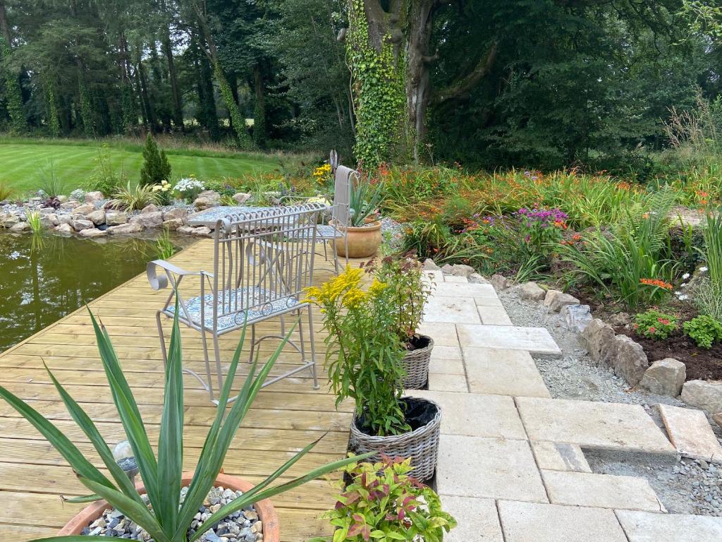 a garden with a bench and a pond with plants at Rathjarney Gatelodge in Wexford