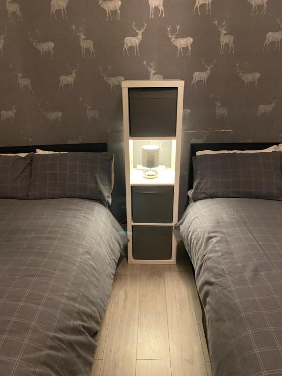 a bedroom with two beds and a desk with a mirror at McCoinnich Rooms in Dundee