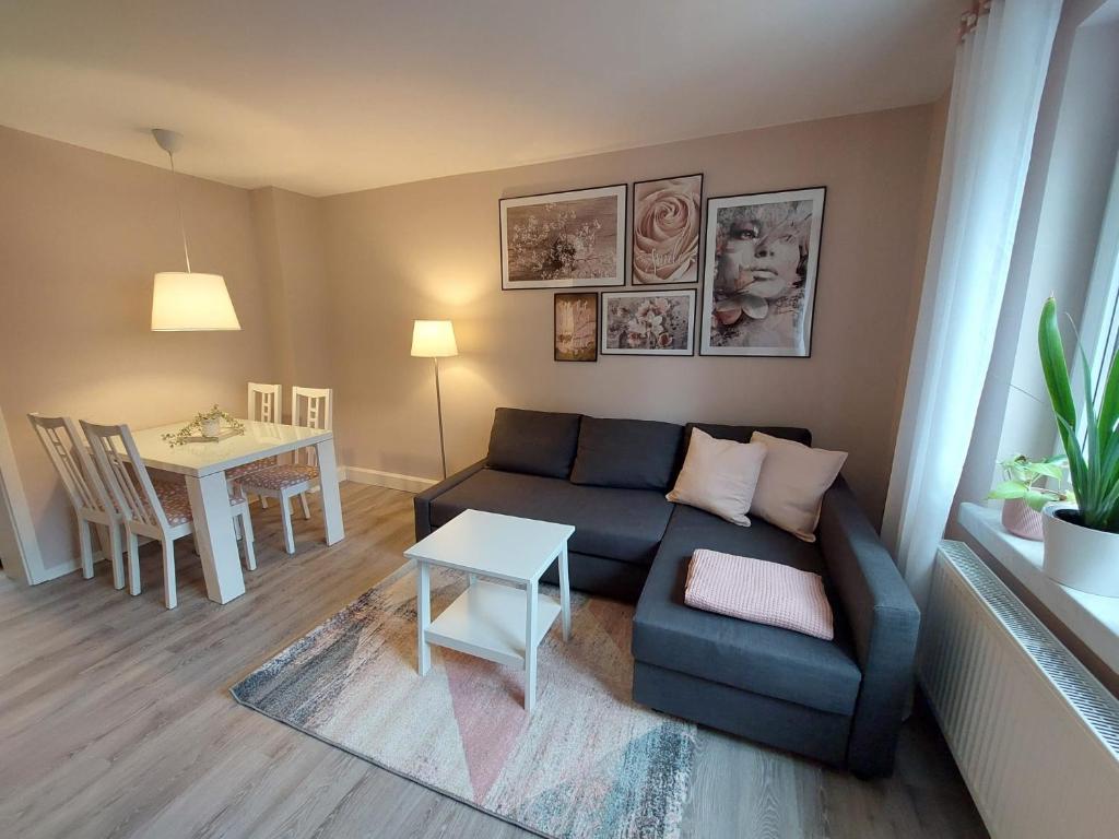 ein Wohnzimmer mit einem Sofa und einem Tisch in der Unterkunft Helles modern eingerichtetes Apartment in Halle an der Saale