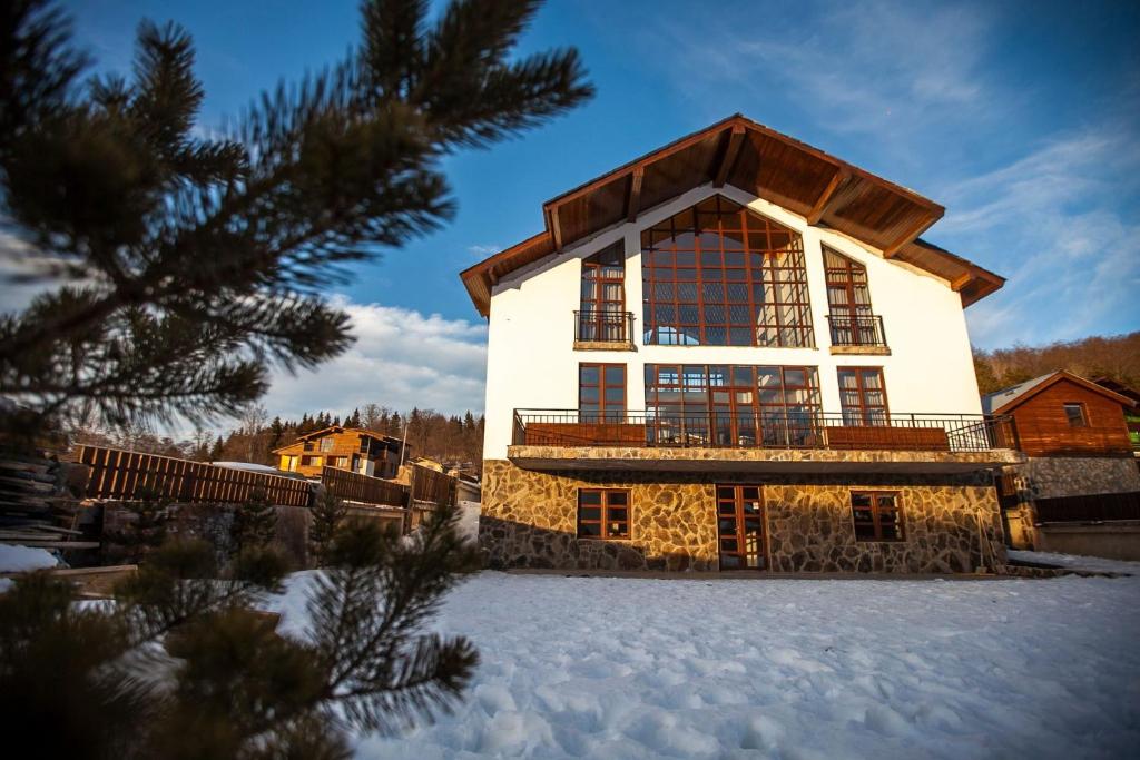 a large building in the snow with a tree at Lados Villa in Bakuriani