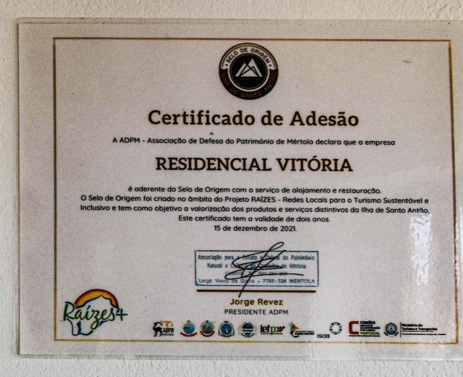 Certifikát, hodnocení, plakát nebo jiný dokument vystavený v ubytování Residencial Vitoria