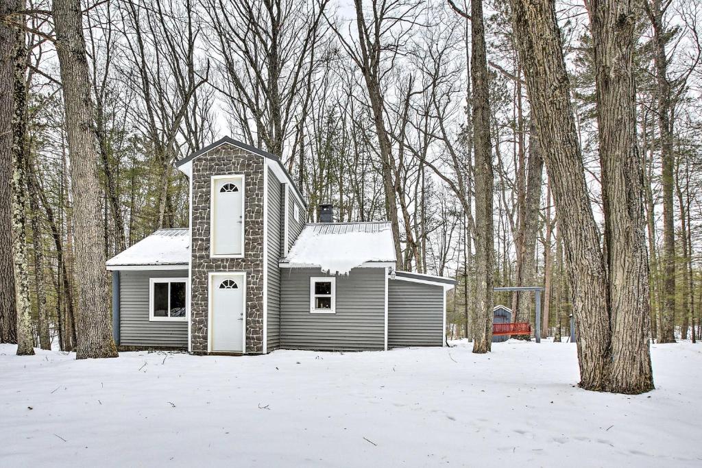 een klein huis in de sneeuw in het bos bij Remote Michigan Retreat on 10 Acres with Grill! in Irons