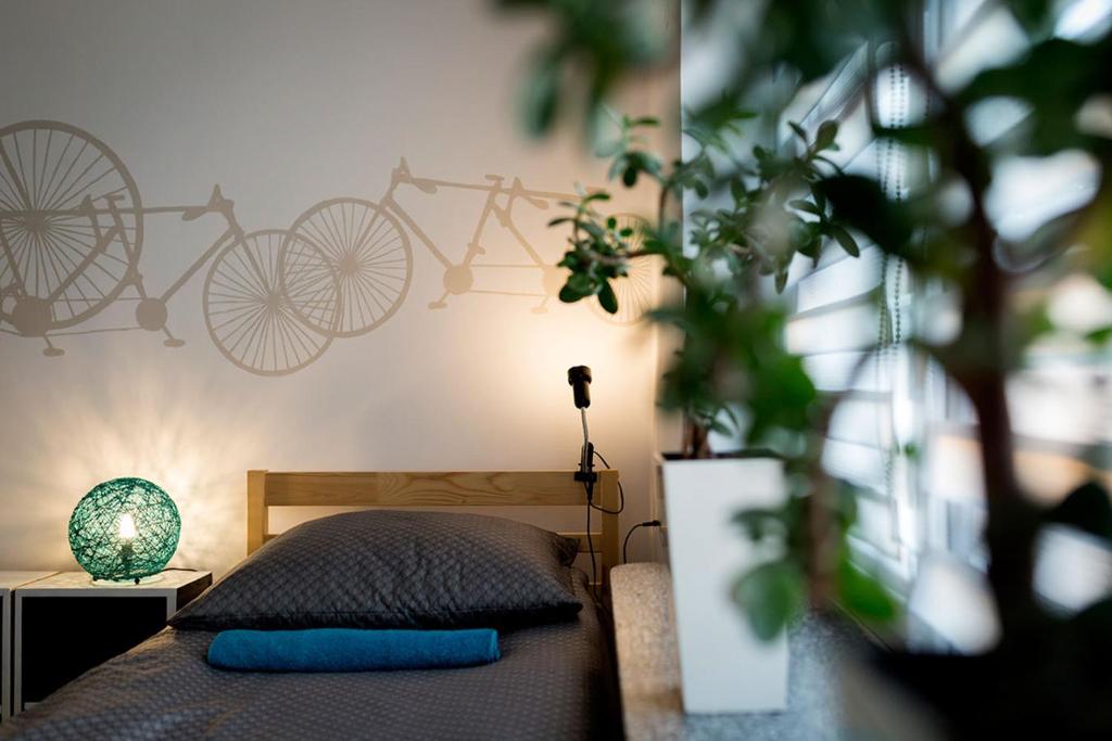 ein Schlafzimmer mit einem Bett mit Fahrrädern an der Wand in der Unterkunft APARTAMENT 16 in Zamość
