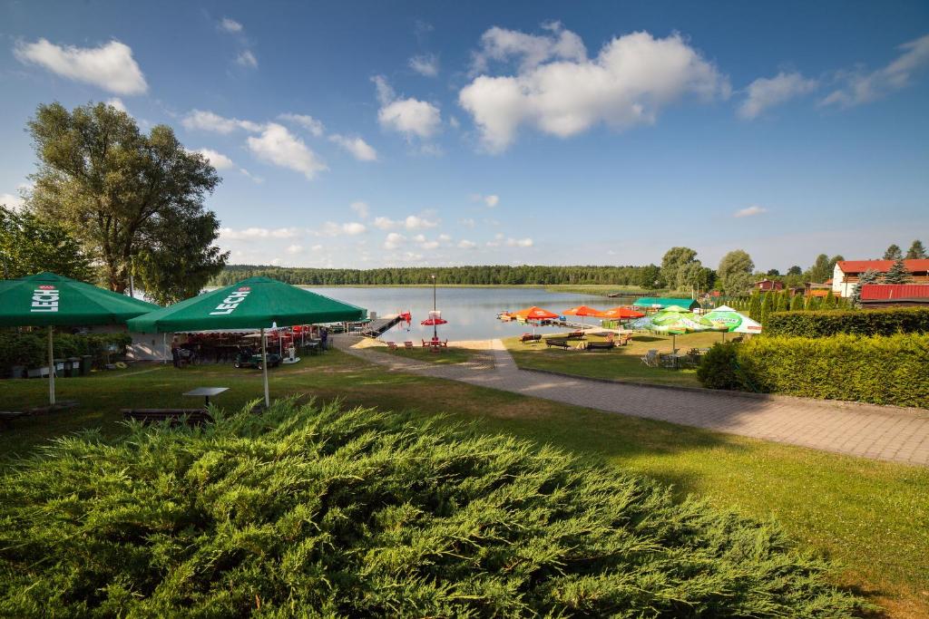 a view of a lake with umbrellas and a dock at Letnisko Zalesie in Rentyny