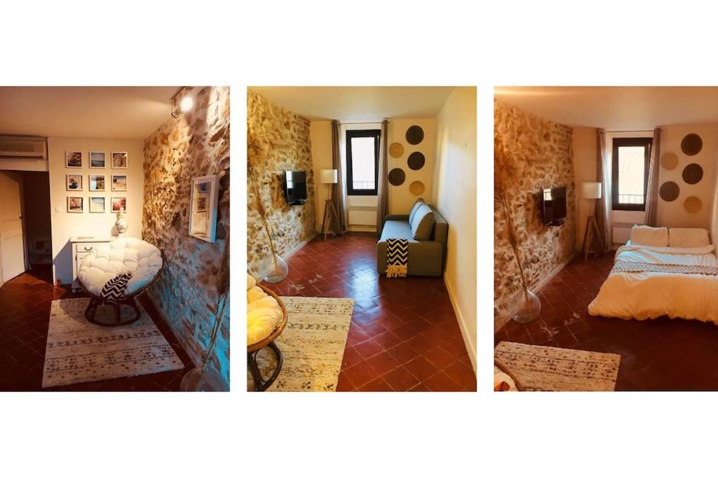 three pictures of a living room and a bedroom at Jolie maison village 4 couchages &Terrasse à Fitou in Fitou