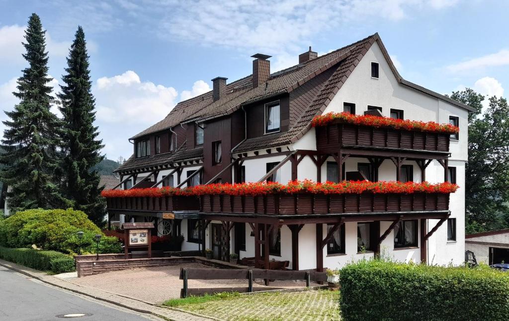 ein großes weißes Haus mit roten Blumen drauf in der Unterkunft Hotel Ingeburg in Bad Sachsa