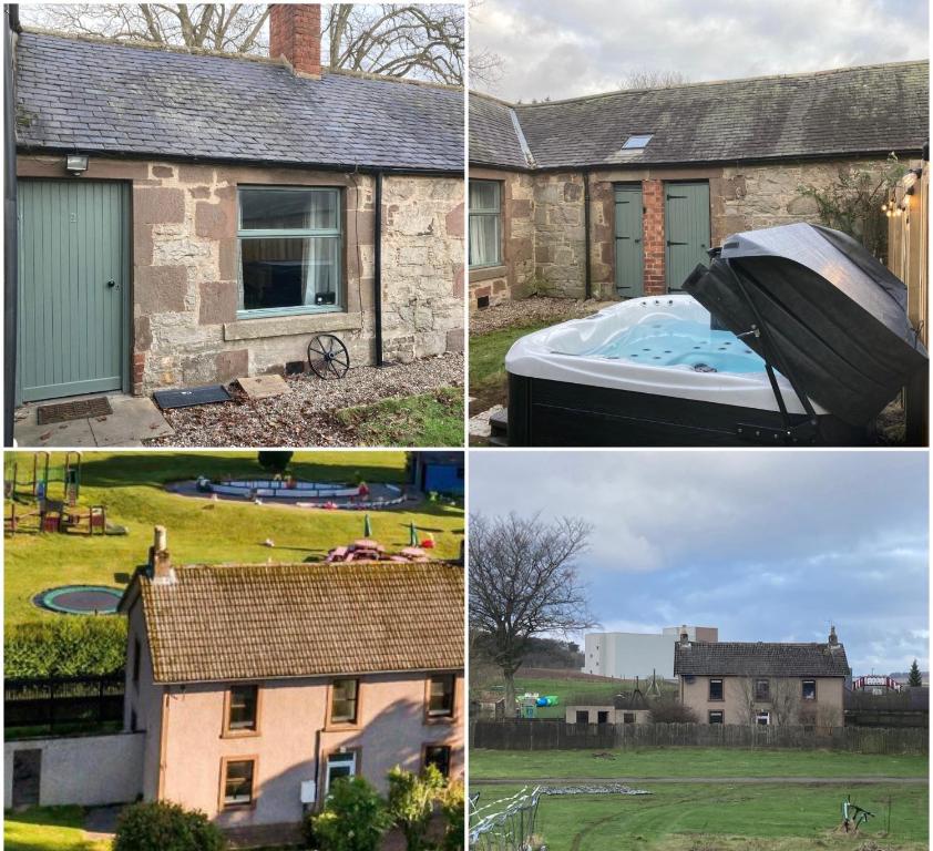 four different pictures of a house and a swimming pool at Charleton Farm Cottages in Montrose