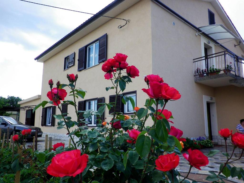 una casa con rose rosse davanti di Apartments Rusin a Krk